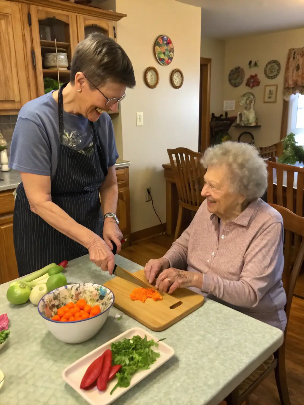 A caregiver preparing a healthy meal in a well-equipped kitchen, highlighting the meal preparation service.