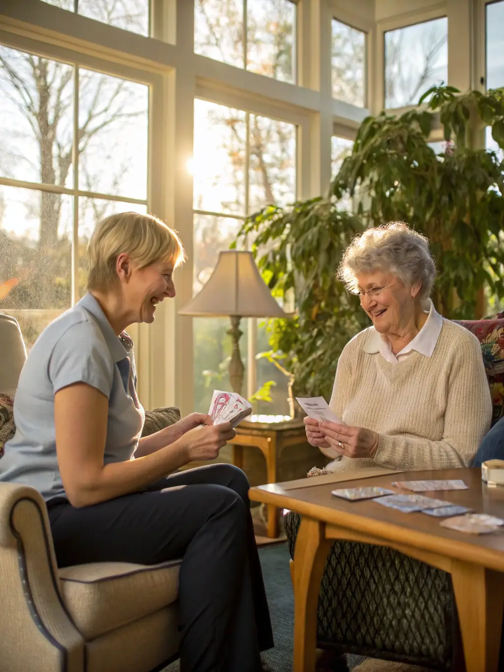 A friendly caregiver engaging in conversation and playing a board game with a senior man in his living room, highlighting the companionship services offered.