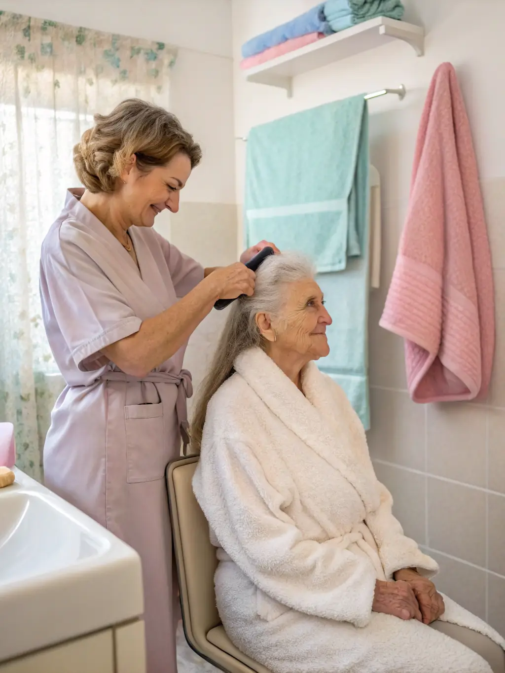 A caring caregiver assisting a senior with grooming in a cozy home setting, showcasing the personal care assistance service.