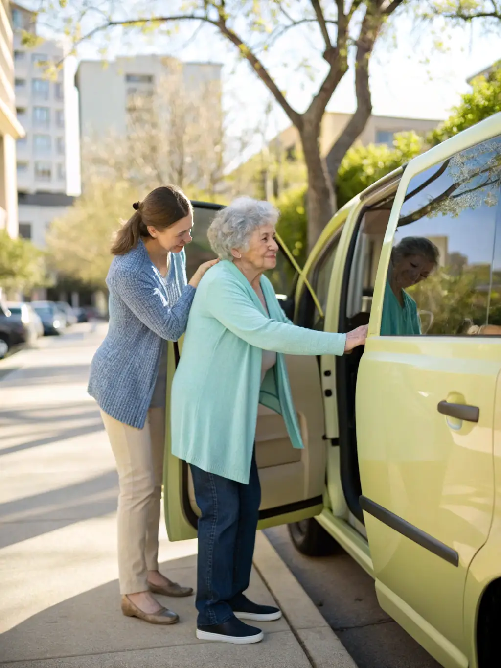 A caregiver helping a senior into a vehicle outside a medical clinic, representing the transportation services.