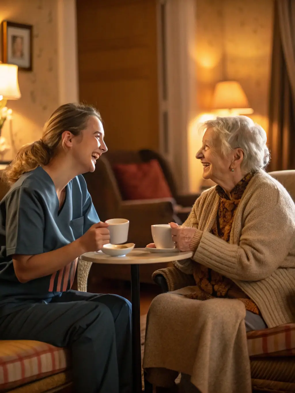 A friendly caregiver engaging in conversation with an elderly client over a cup of tea, illustrating the companionship services.