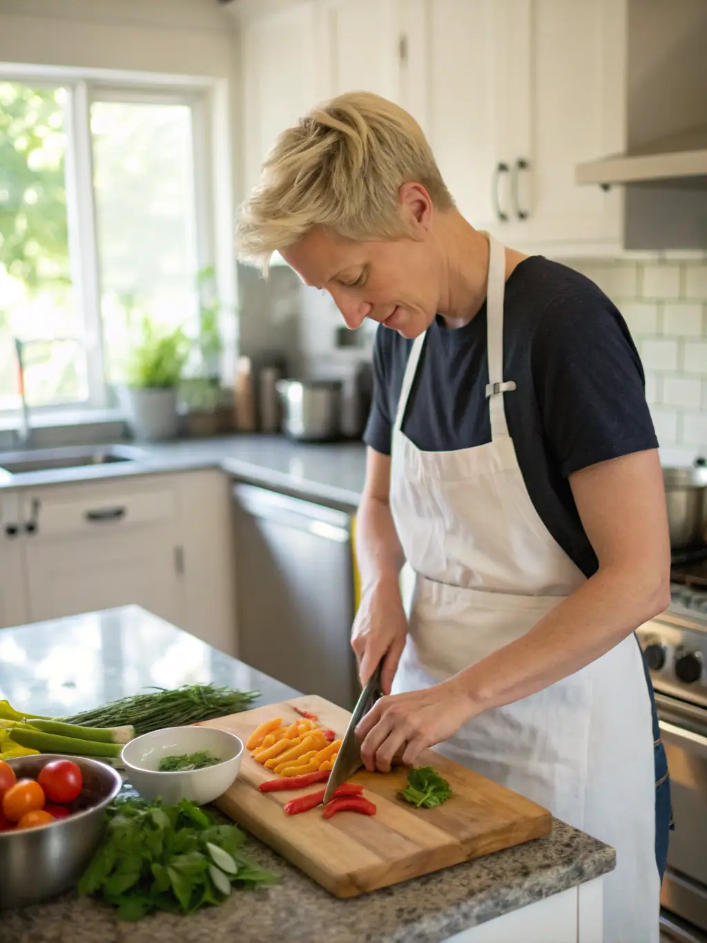 A caregiver preparing a healthy meal in a client's kitchen, emphasizing the meal preparation services provided by Greensboro Home Help.