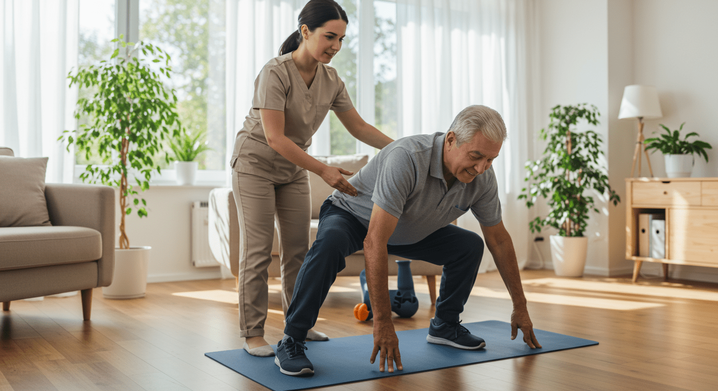 A caregiver assisting an elderly person with physical therapy exercises in a home setting, highlighting active living and support.