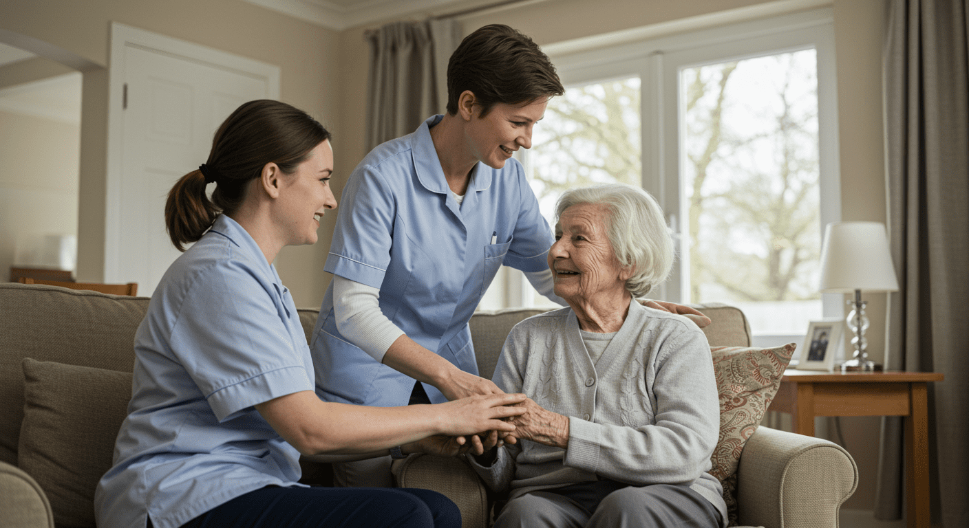 A caregiver assisting an elderly client in a living room setting, showcasing compassionate care.