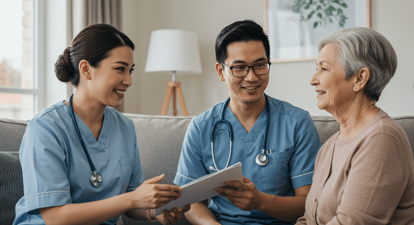 A friendly and professional interaction between a caregiver and a family member in a comfortable home setting, showcasing a discussion about care plans with smiles and gestures of understanding.