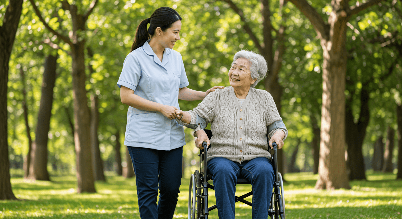 A caregiver assisting an elderly client with mobility support as they walk together in a park. The caregiver is providing gentle support, and both are smiling.