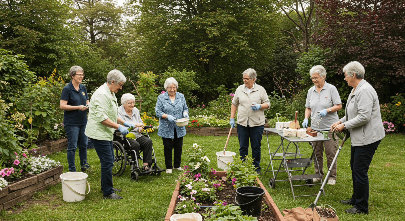 A community event with seniors and caregivers participating in a group activity, such as gardening or arts and crafts.