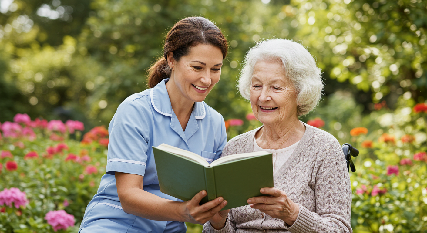 A health aide reading a book to an elderly client in a serene garden, symbolizing companionship and mental stimulation.