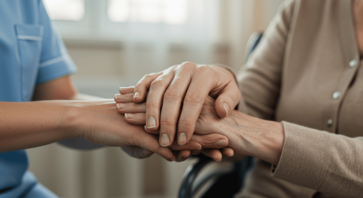 A close-up of a caregiver gently holding the hand of a senior, symbolizing compassion and support. The background is softly blurred, focusing on the connection between the caregiver and the senior.