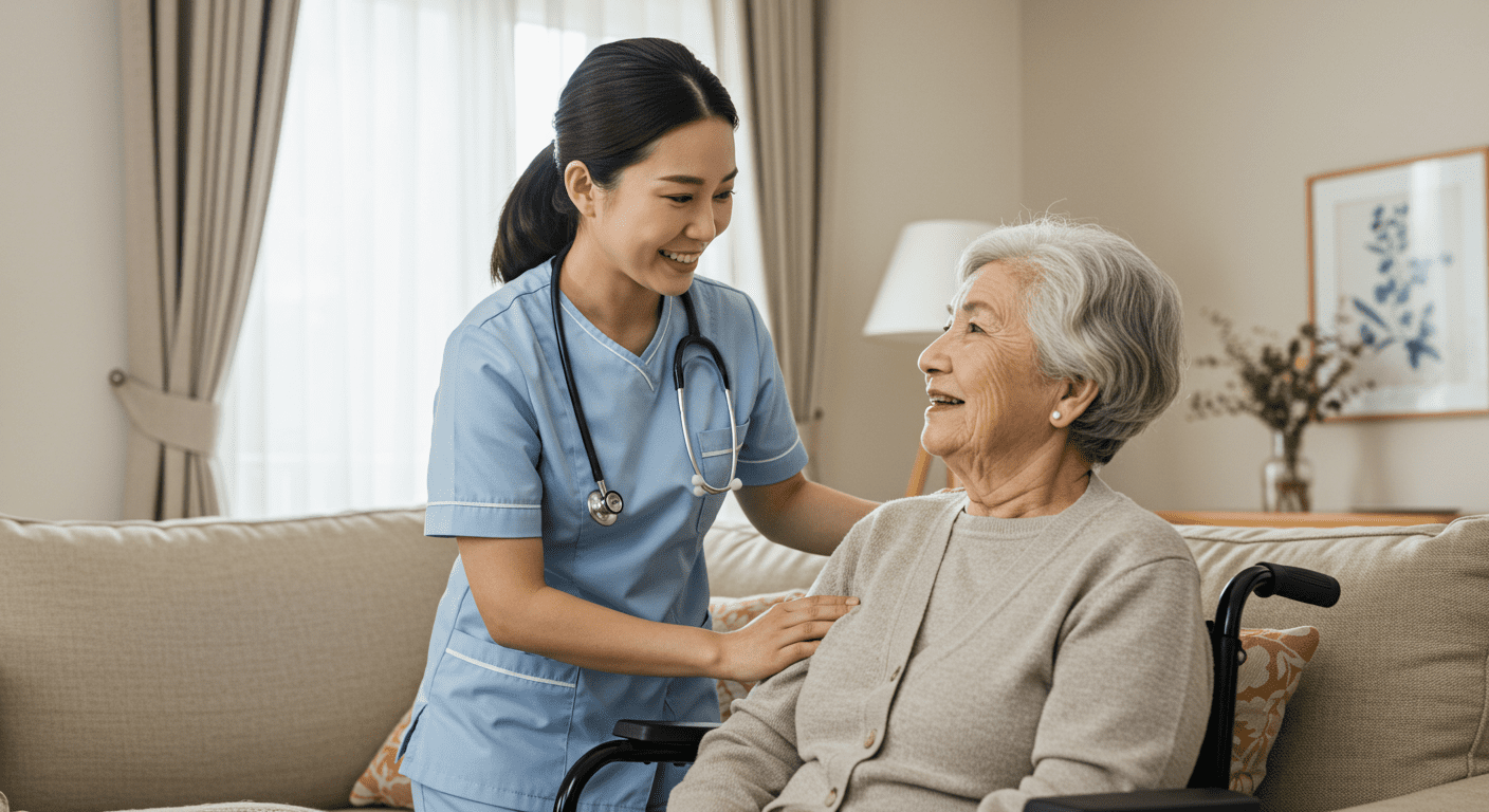 A compassionate caregiver assisting an elderly client in their home, showcasing a warm and inviting living room setting. The caregiver is smiling and engaging with the client, creating a sense of trust and care.