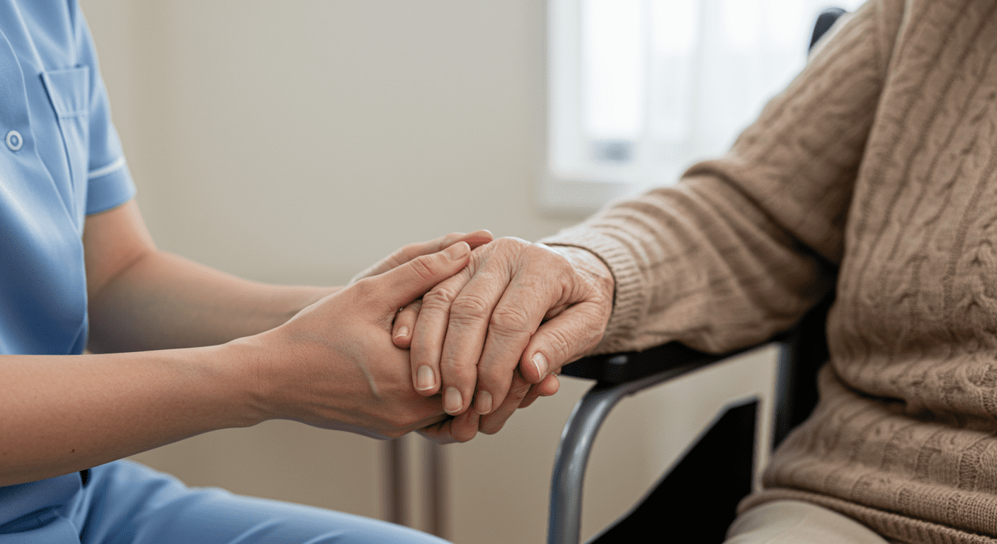 A heartfelt moment where a caregiver is holding the hand of an elderly client, symbolizing trust, empathy, and emotional support in the caregiving relationship.