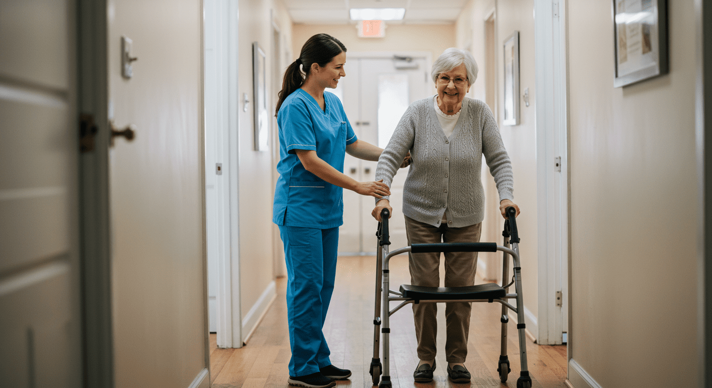 A dynamic scene of a caregiver helping a senior with mobility, using a walker in a bright hallway. The caregiver is encouraging and supportive, while the senior looks determined and empowered. The image captures the essence of independence and support in home health care.