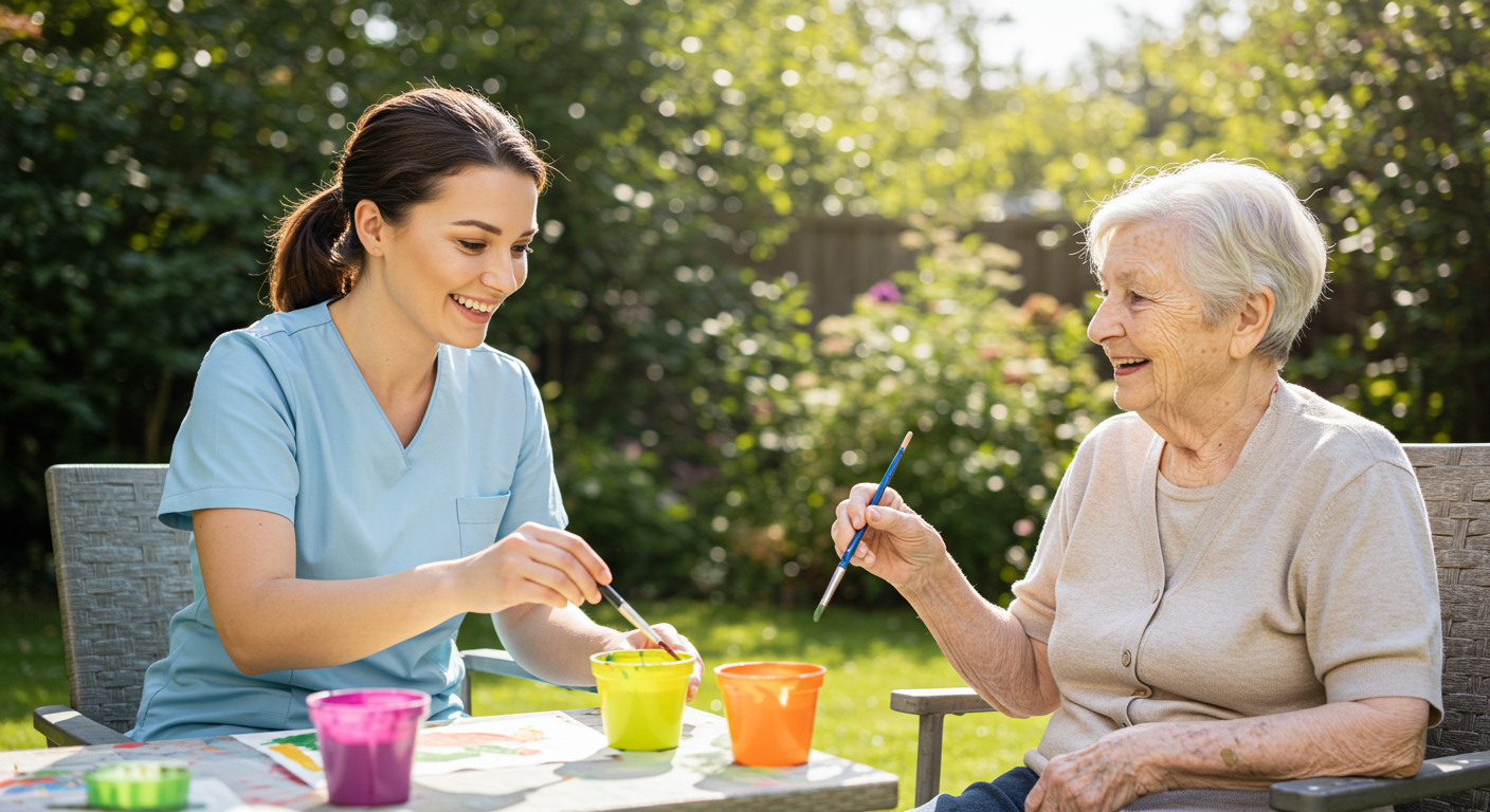 A caregiver and an elderly client engaged in a fun activity, such as painting or gardening, in a sunny backyard. This image captures the joy and engagement that comes with personalized care.