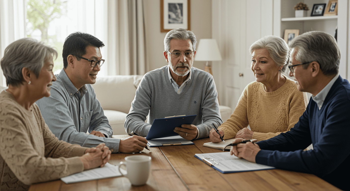A family gathered around a table discussing care options with a home health care advisor. The setting is warm and inviting, symbolizing collaboration and support in making care decisions for seniors.