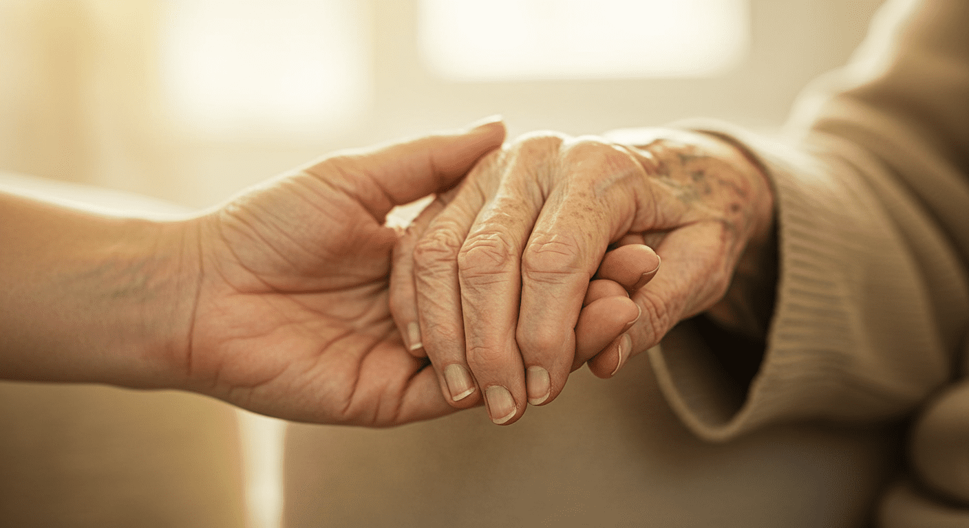 A close-up of a caregiver's hand holding the hand of a senior, symbolizing connection and trust in home care.