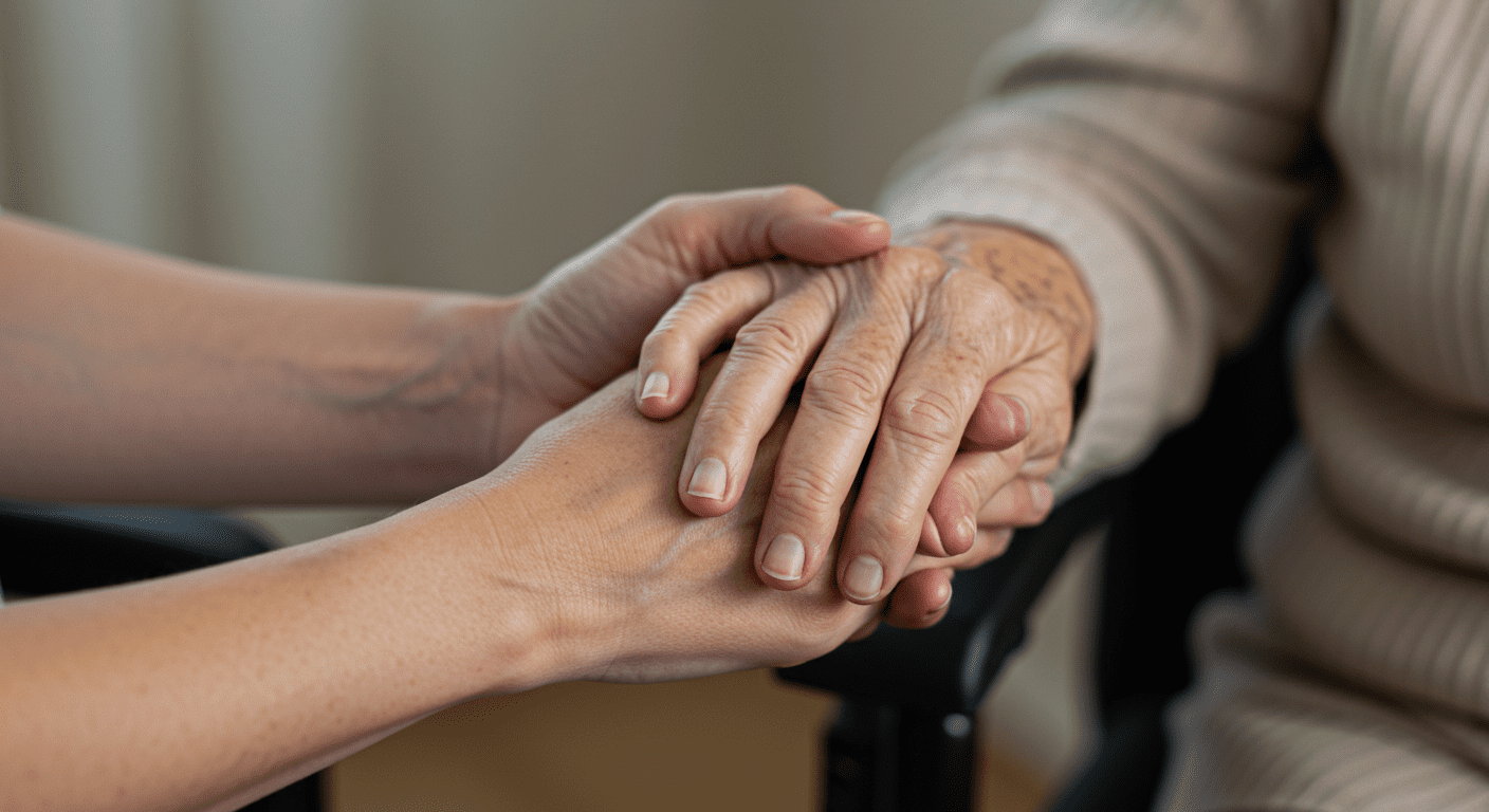 A close-up of a caregiver holding hands with an elderly person, symbolizing support and connection. The focus is on the hands, emphasizing the gentle touch and care.