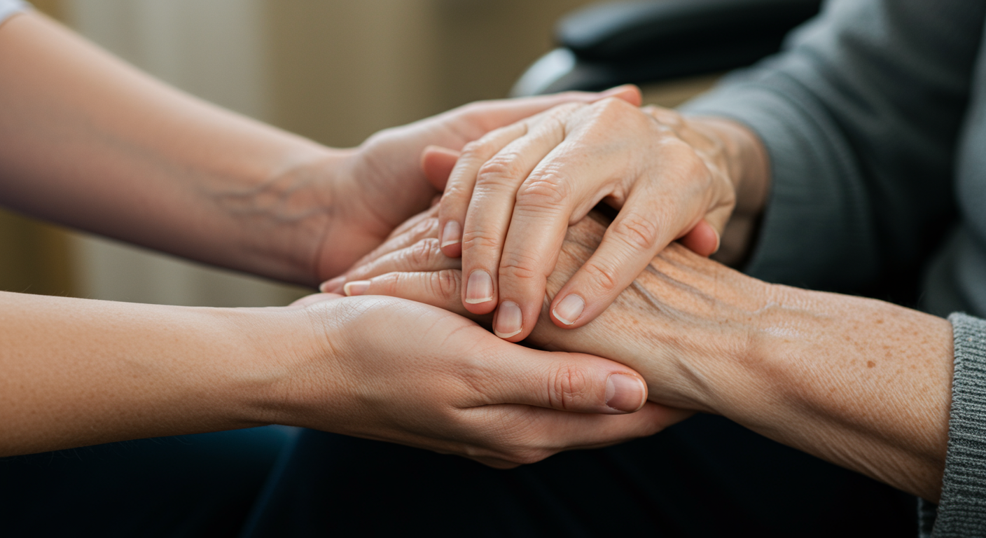 A close-up of a caregiver's hands gently holding the hands of an elderly person, symbolizing support and connection. The focus is on the hands, emphasizing care and compassion.