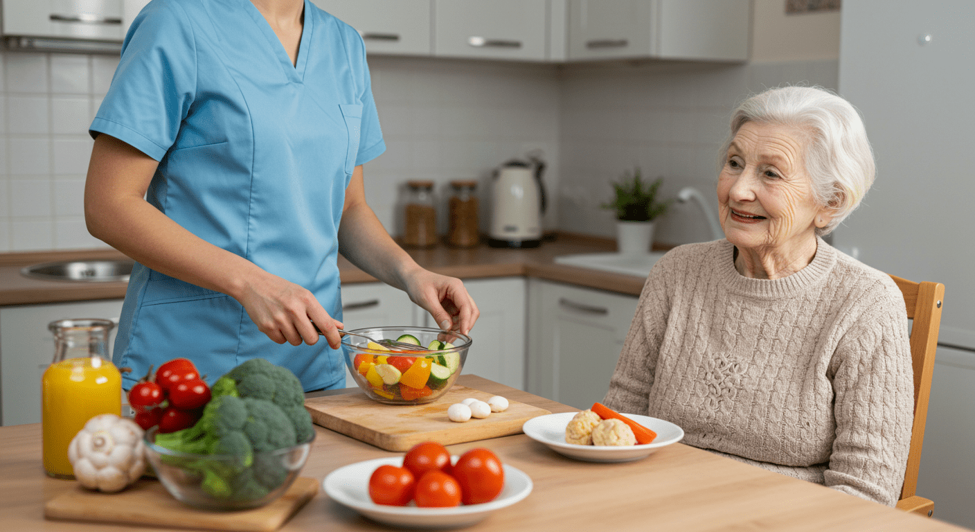 A caregiver preparing a healthy meal in a kitchen while an elderly client sits at the table, showcasing the importance of nutrition in home care.