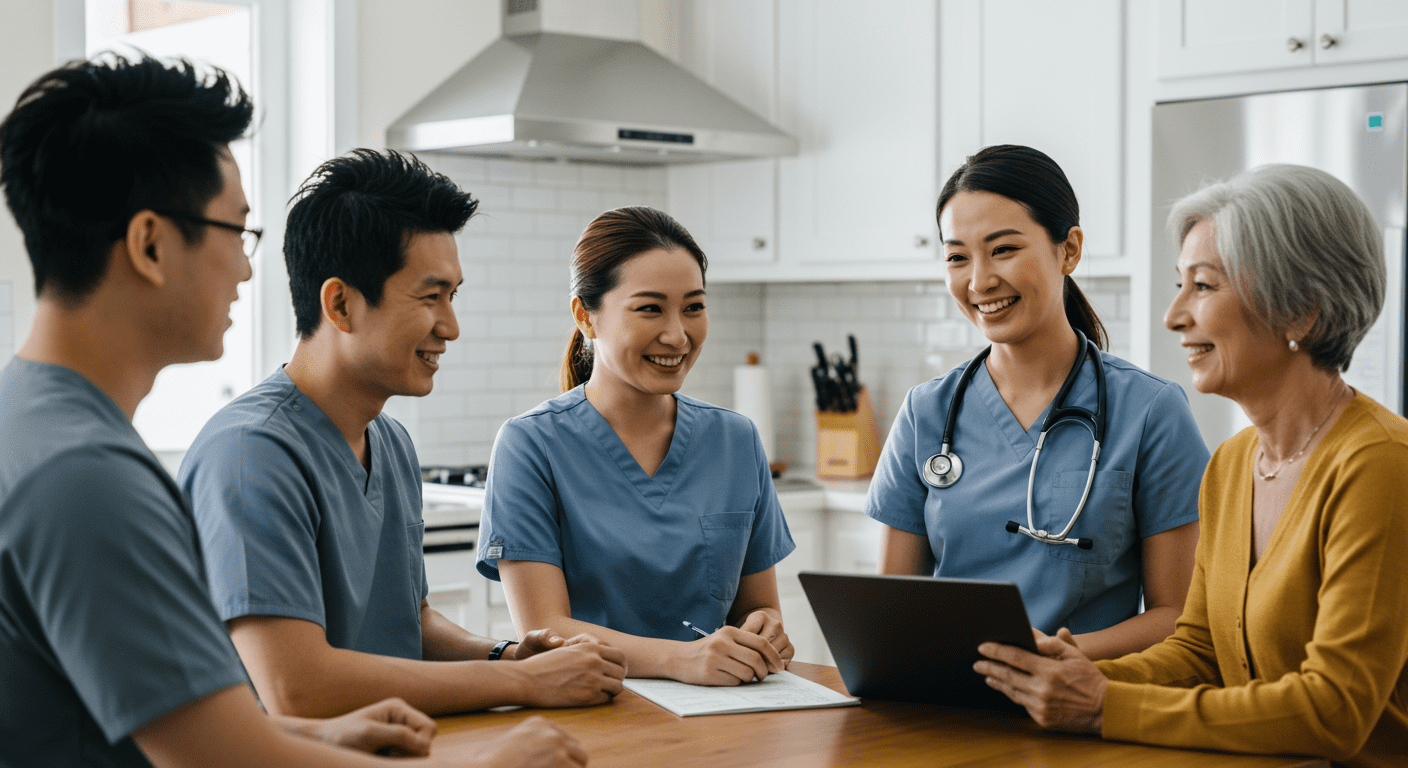 A cheerful home health team gathered in a bright kitchen, discussing care plans with a family member. They are engaged and attentive.