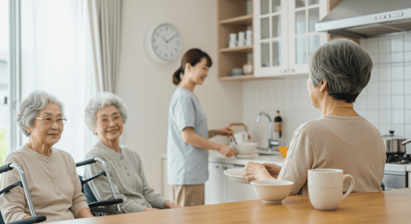 A serene home setting with a caregiver preparing a meal for a senior in a bright kitchen. The image highlights the home environment and the supportive role of caregivers in daily living.