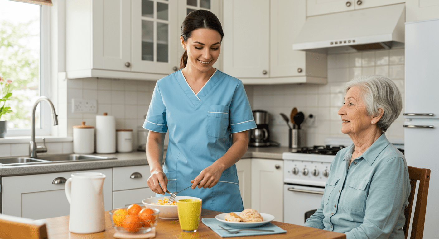 A caregiver preparing a meal in a bright, inviting kitchen while an elderly client sits at the dining table, engaged in conversation. This image emphasizes the daily support and companionship provided by home health aides.