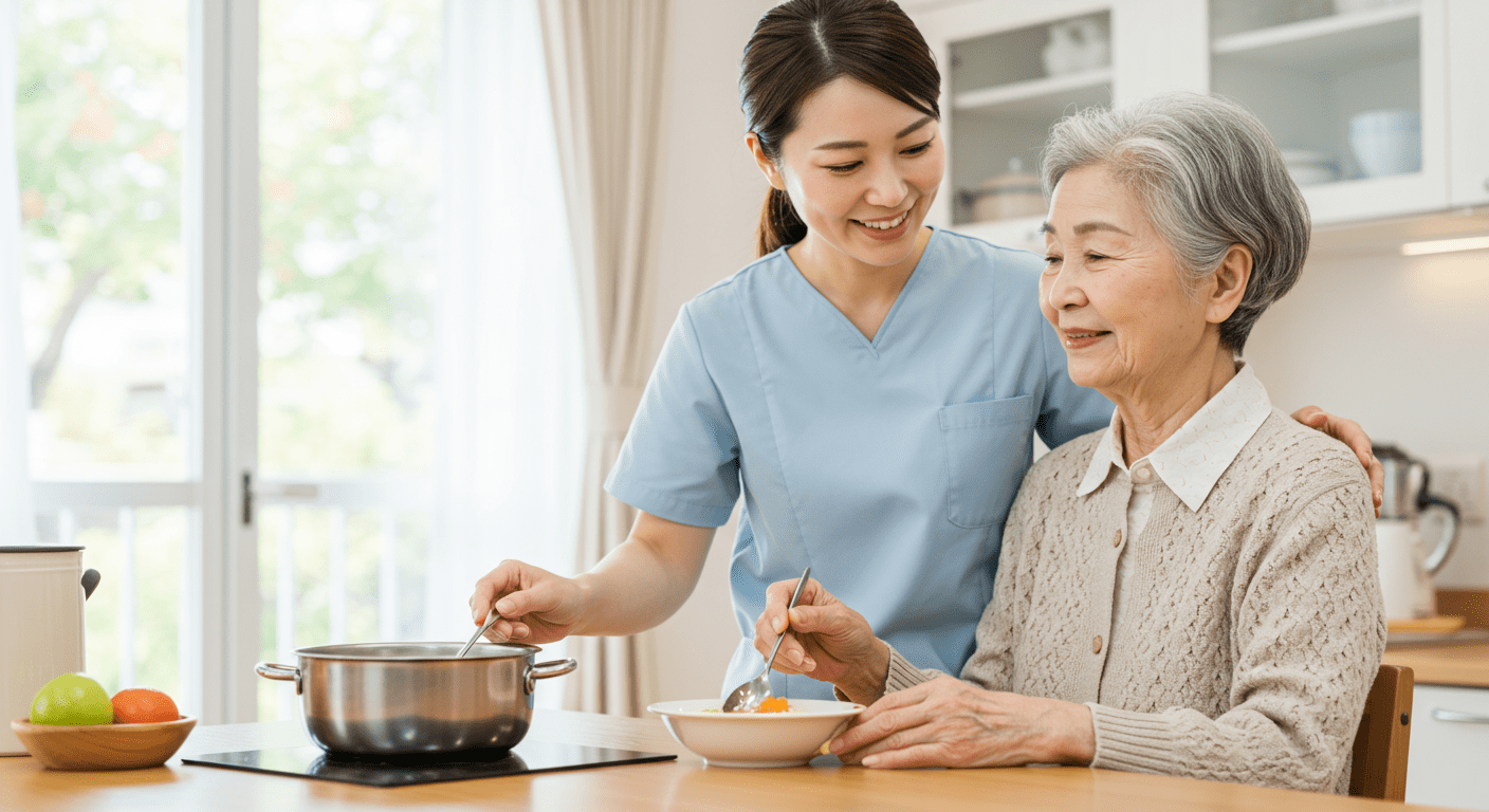 A caregiver assisting an elderly person with a gentle smile while preparing a meal in a bright, cheerful kitchen. The image highlights the importance of personal care and nutrition in a home setting.