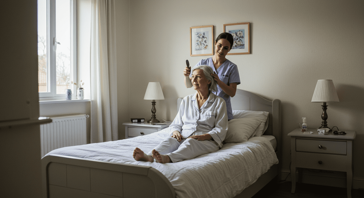 A serene bedroom scene where a caregiver is helping a senior with morning routines, such as brushing hair or choosing clothes. The atmosphere is calm and supportive, highlighting the importance of personal care.