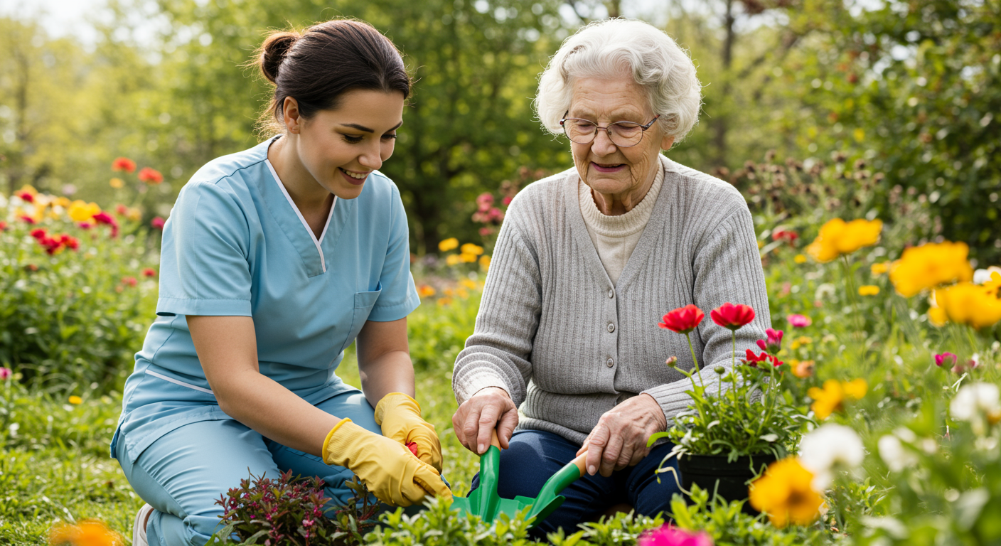 A caregiver and an elderly client enjoying a sunny day in a garden, engaging in light gardening activities. The background features colorful flowers and greenery, symbolizing growth and care.