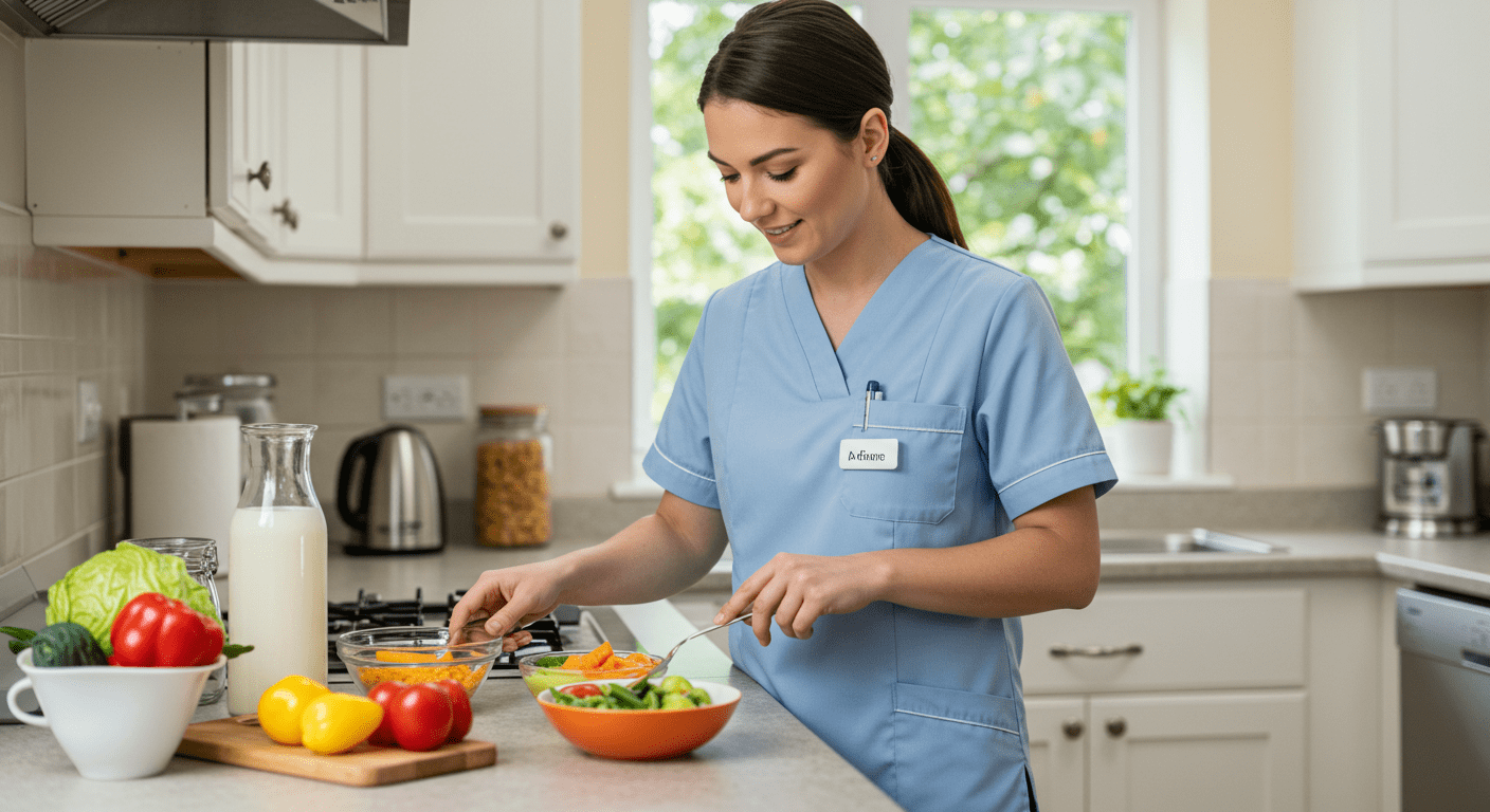 A caregiver preparing a nutritious meal in a bright kitchen, emphasizing the importance of daily care and wellness. The caregiver is focused and dedicated, showcasing professionalism in home care.