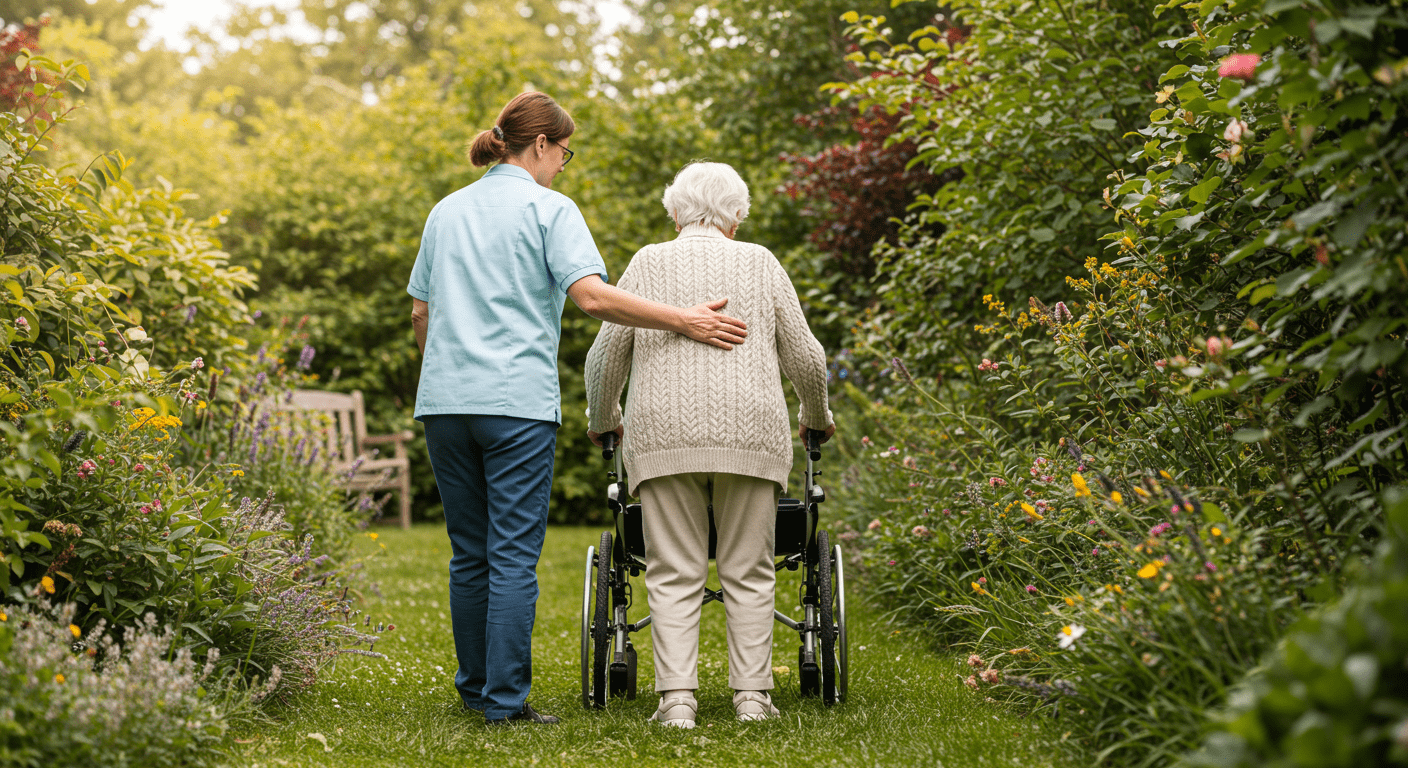 A caregiver assisting an elderly person with mobility, helping them walk in a garden or outdoor space. The scene captures the essence of active living and support in a serene environment.