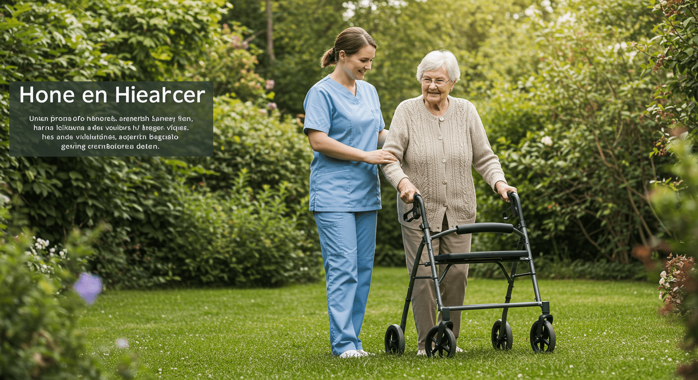A home healthcare aide helping an elderly woman with mobility assistance, using a walker in a garden setting. The image captures the essence of outdoor therapy and companionship.
