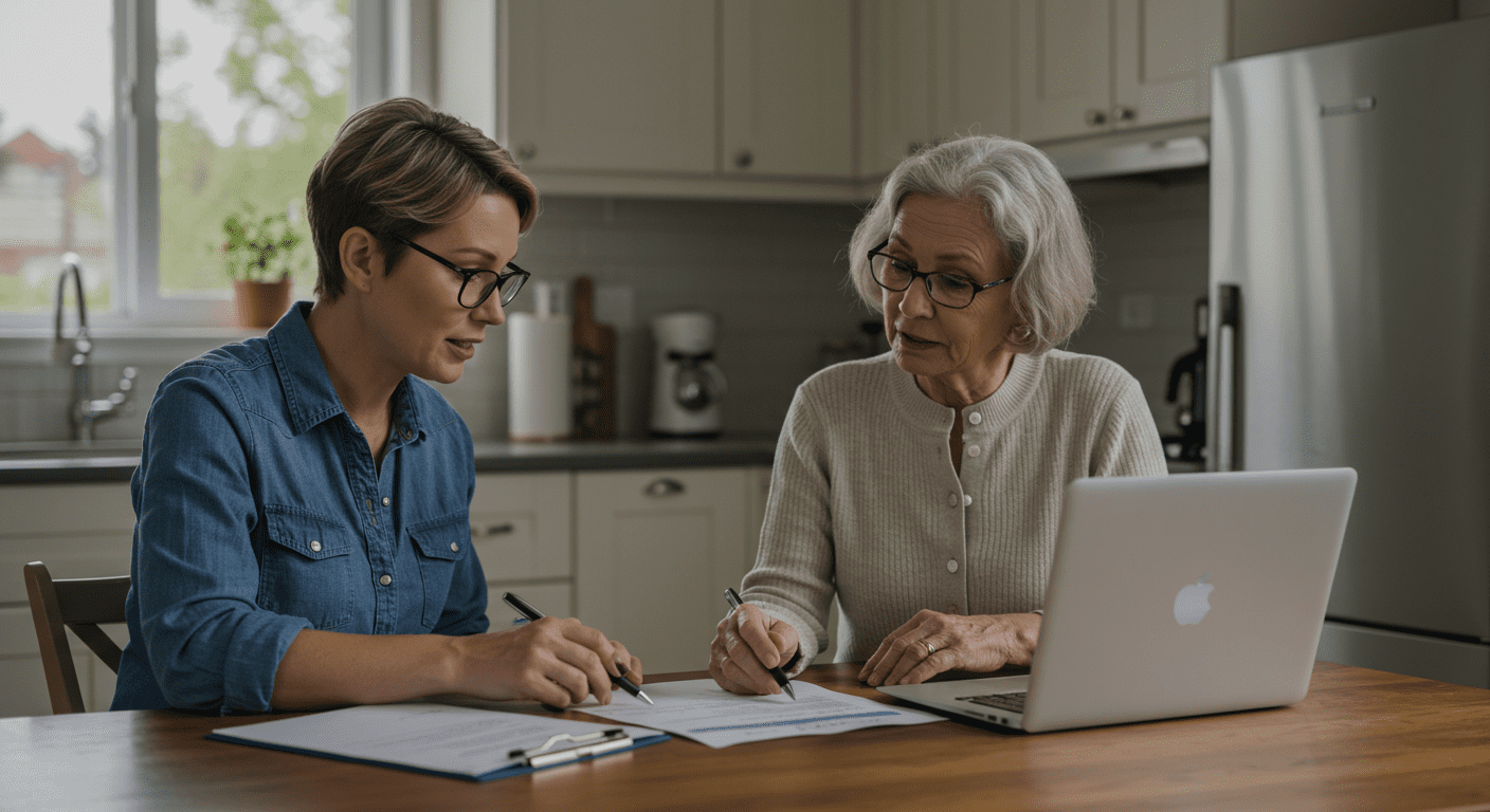 A caregiver and a family member discussing a personalized care plan at a kitchen table. The setting is homey, with care documents and a laptop open, symbolizing collaboration and tailored support.