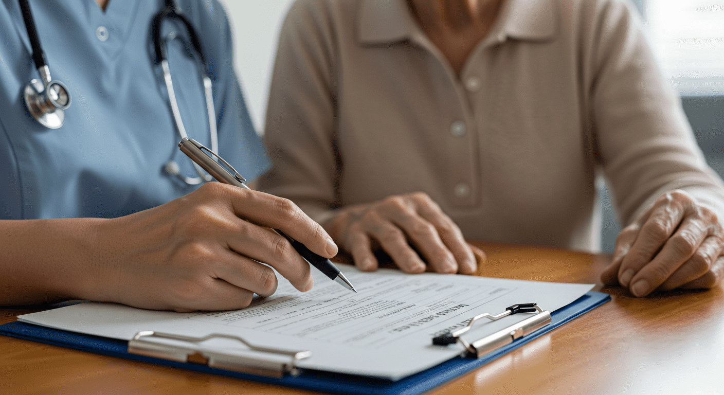 A close-up of a caregiver preparing a personalized care plan with a senior client, showcasing a collaborative approach to health care.