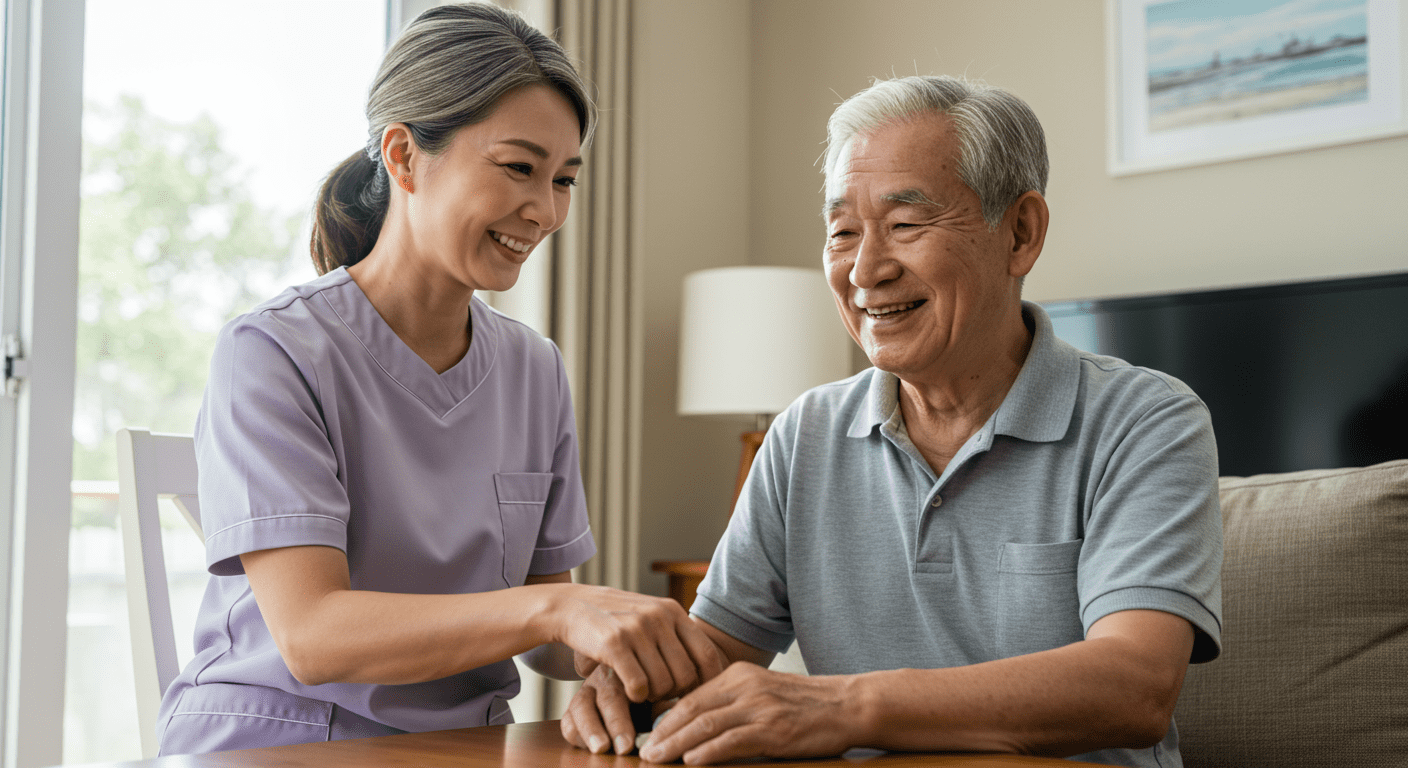 A serene home setting with a caregiver interacting with a client, both smiling, representing the positive outcomes of effective training.