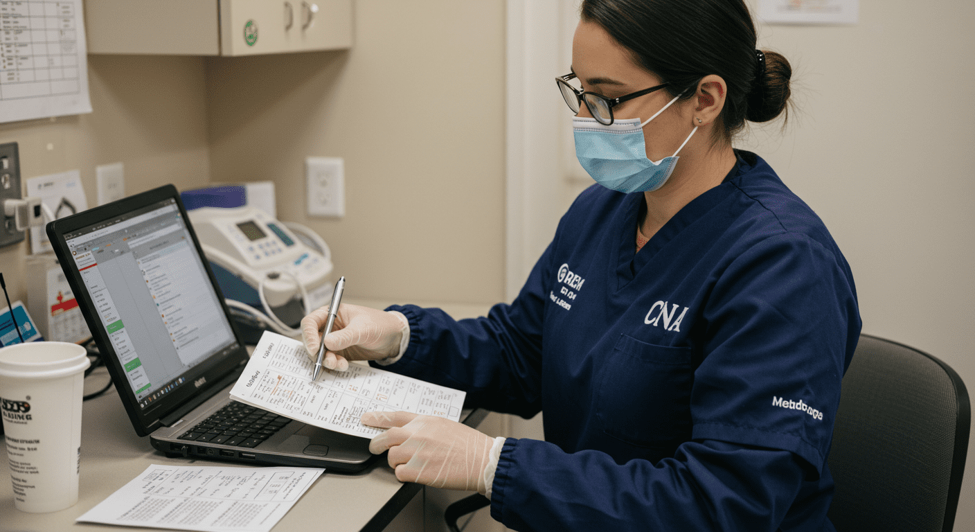 A CNA in professional attire, demonstrating a skill such as taking vital signs or preparing a medication schedule, showcasing their expertise and dedication to quality care.