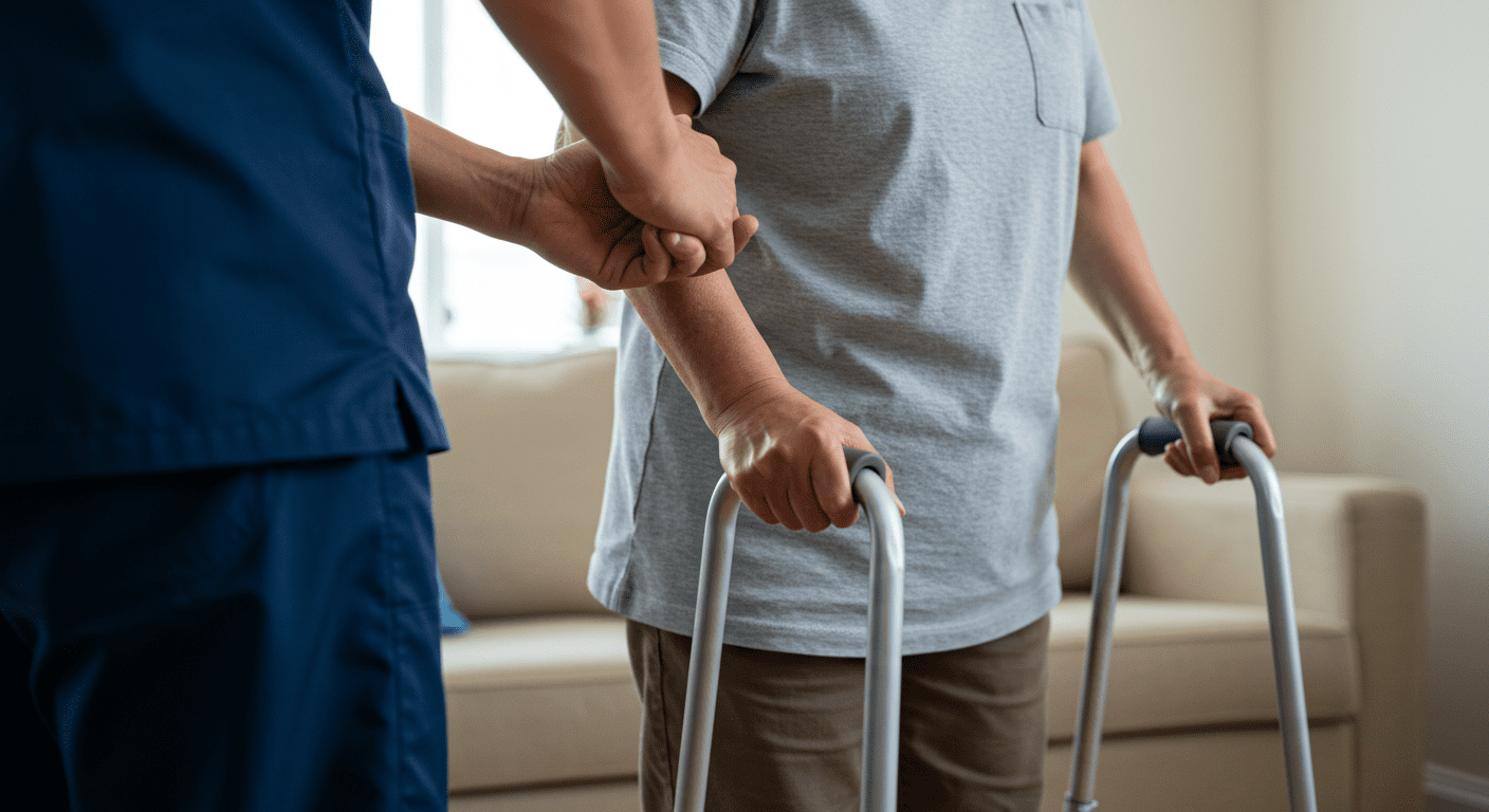 A caregiver assisting a patient with mobility, gently guiding them through a home environment. The focus is on the supportive interaction between the two.