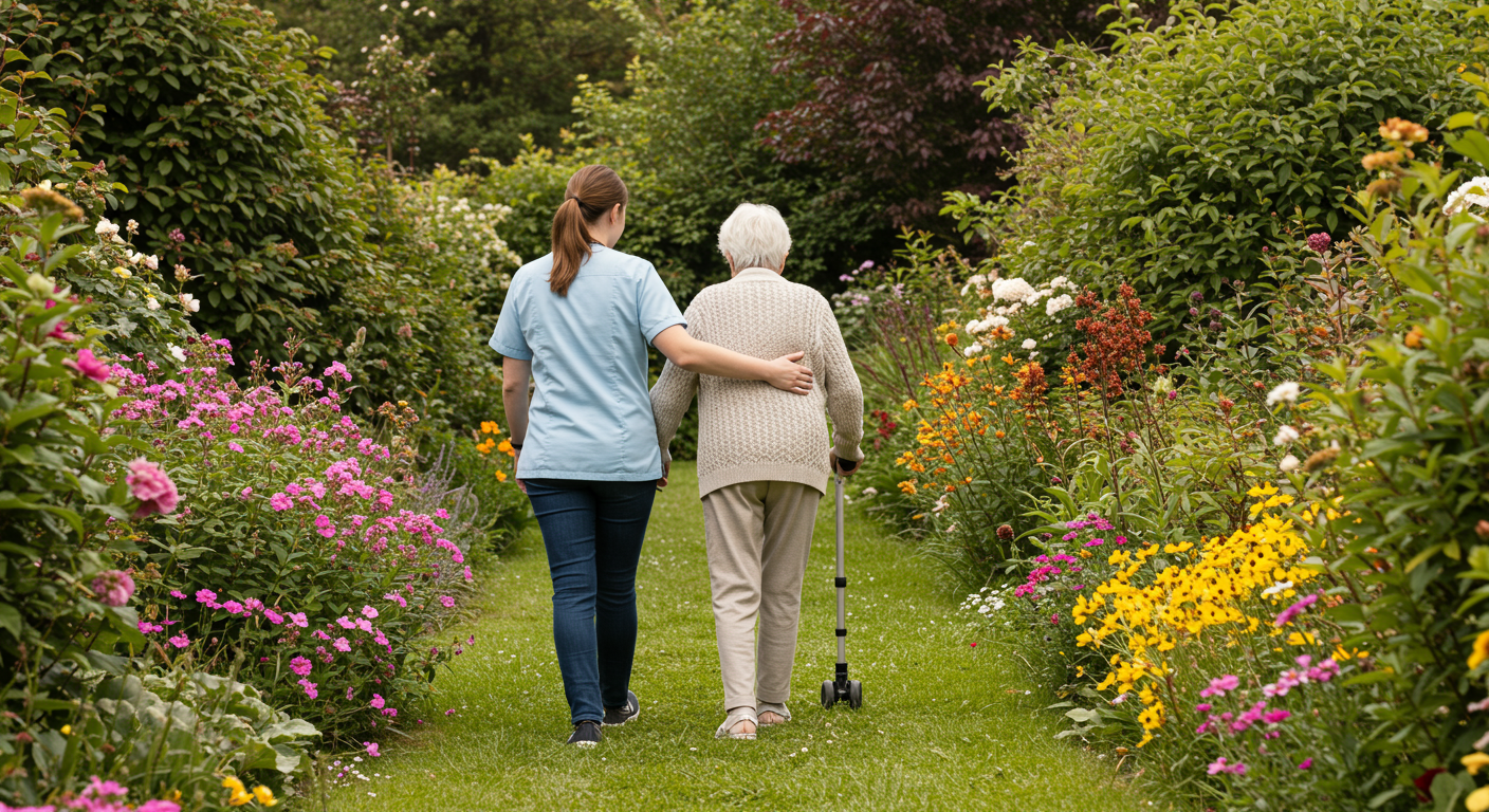 A caregiver assisting an elderly client with mobility in a garden. The scene captures the caregiver's supportive stance as they walk together among blooming flowers, symbolizing growth, support, and the beauty of life.