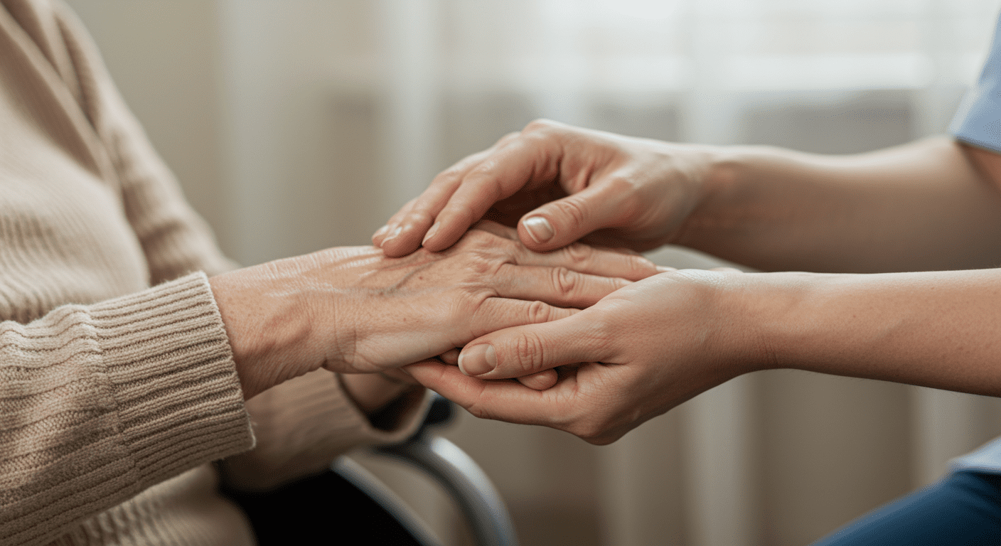 A caregiver holding the hand of an elderly client, symbolizing support and connection.