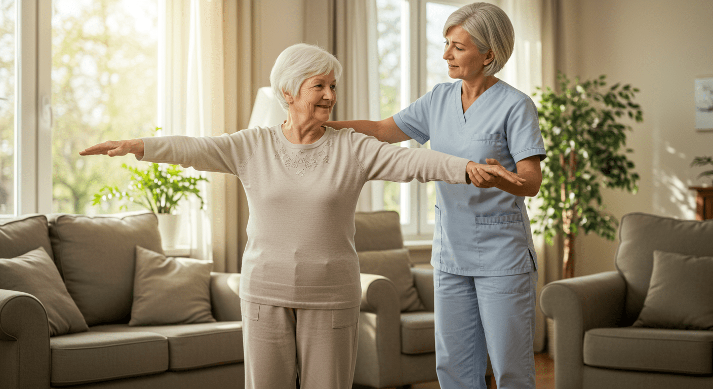 A caregiver assisting an elderly person with light exercise or stretching in a home setting, promoting health and wellness.