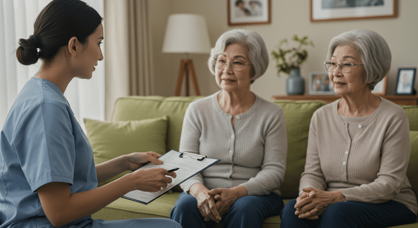 A caregiver discussing care strategies with a senior's family members in a warm home setting.