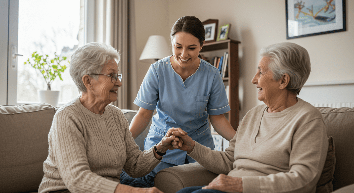 A compassionate caregiver assisting an elderly person in their home, showcasing a warm and inviting living room setting. The caregiver is smiling and engaging with the elderly person, who appears comfortable and at ease.