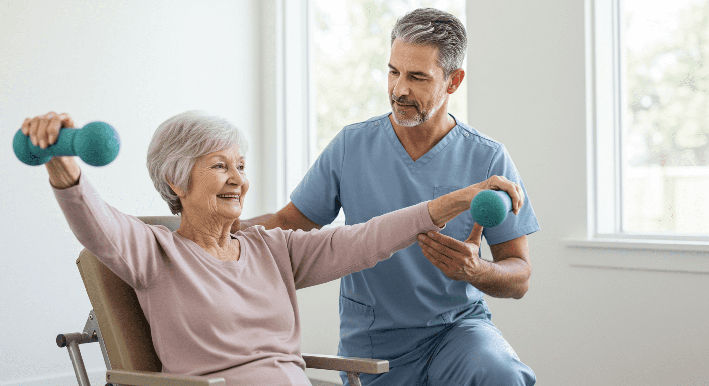 A caregiver assisting an elderly woman with her daily exercise routine, demonstrating care and encouragement in a bright, open space.