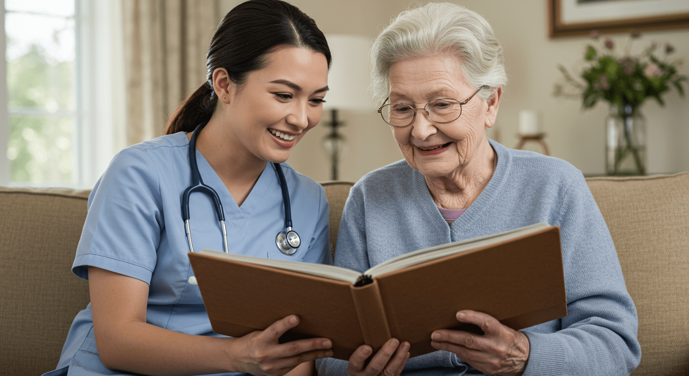 A home health care aide sitting with an elderly client, looking at a photo album together. Both are smiling, creating a warm and joyful atmosphere.