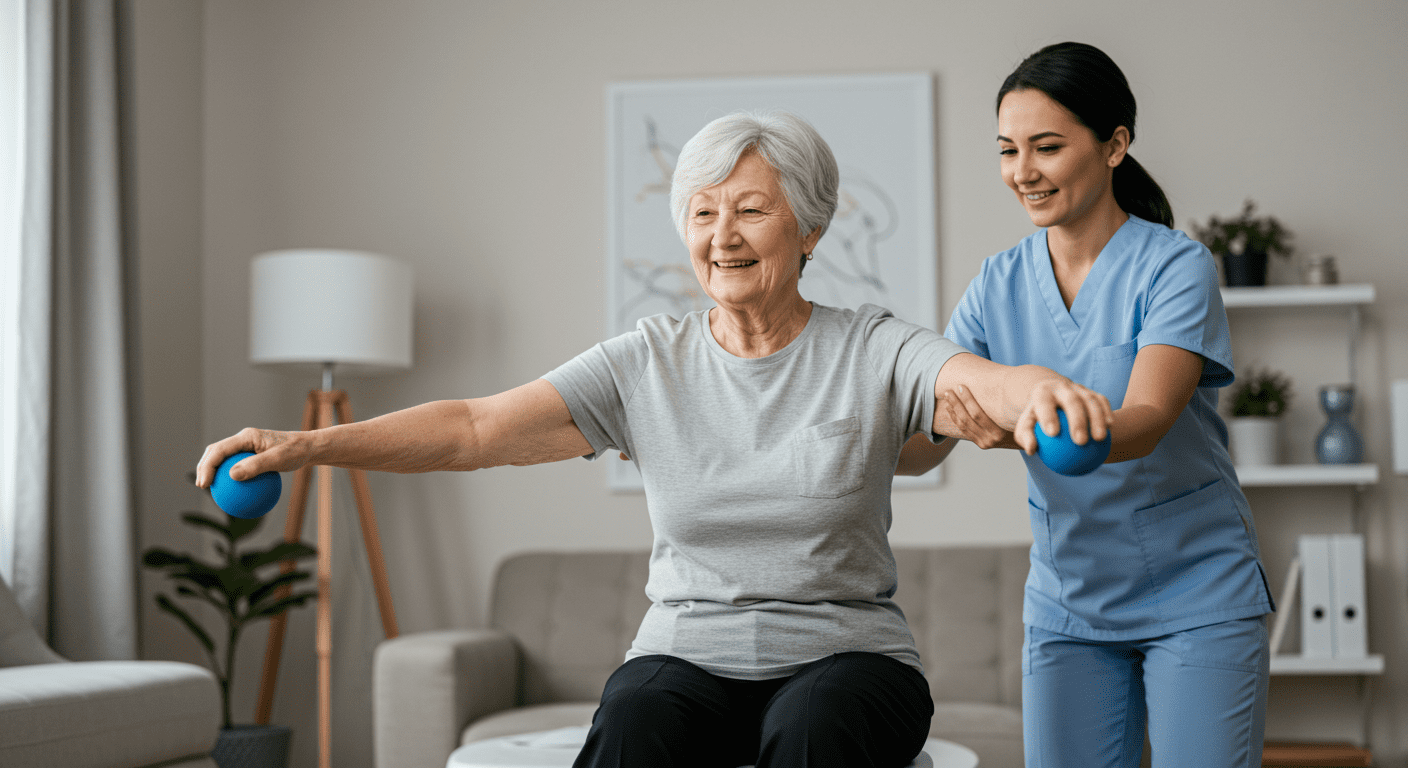 A dynamic image of a caregiver helping an elderly person with exercises or mobility training in their home. The focus is on empowerment and support, showcasing the active role of caregivers in enhancing independence.