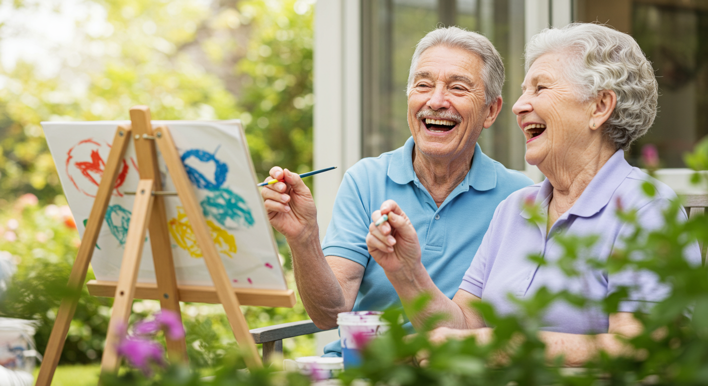 A joyful scene where a caregiver is engaging an elderly person in a fun activity, such as painting or gardening. The image conveys happiness and the importance of mental stimulation and companionship in home care.