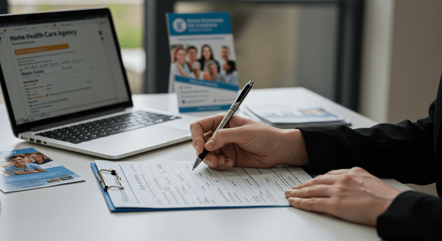 A close-up of hands filling out a home health care agency application form on a desk, with a laptop and informational brochures in the background.