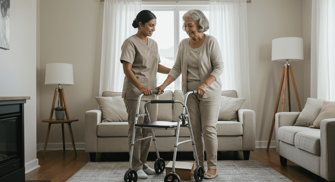 A caregiver helping an elderly person with mobility assistance, showcasing the importance of physical support in home healthcare.