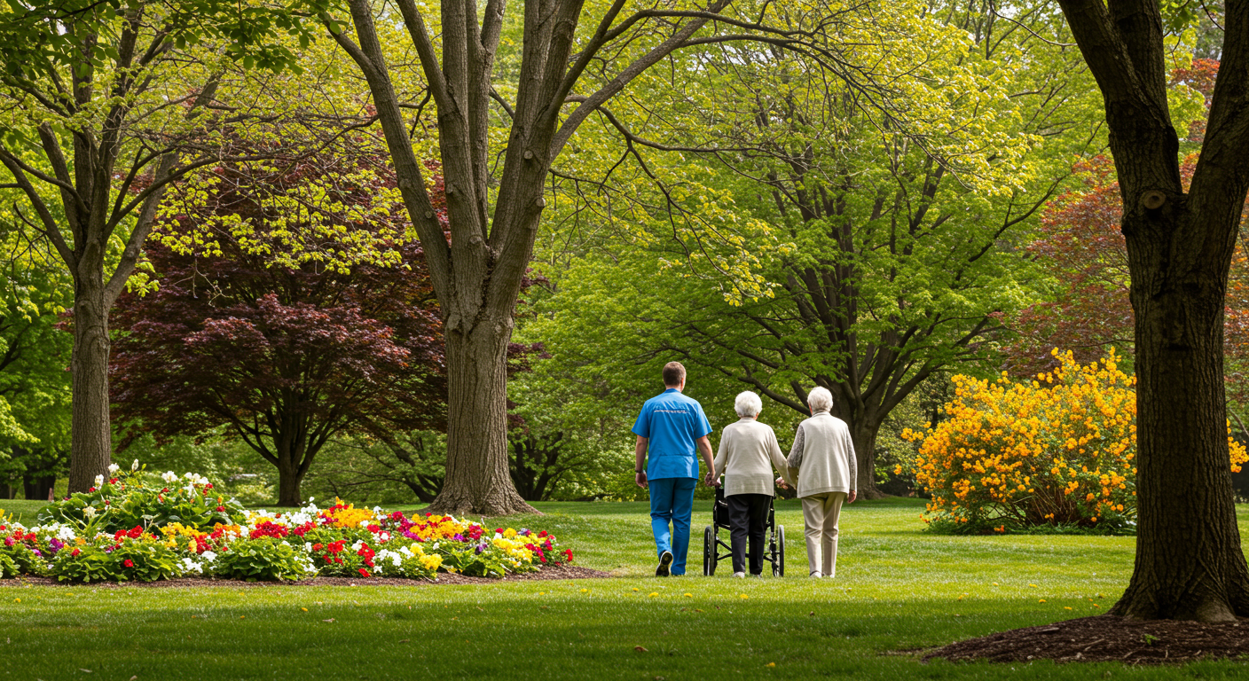 A serene outdoor scene where a caregiver and an elderly client are enjoying a walk in a local park in Chapel Hill, surrounded by trees and flowers, representing active living.