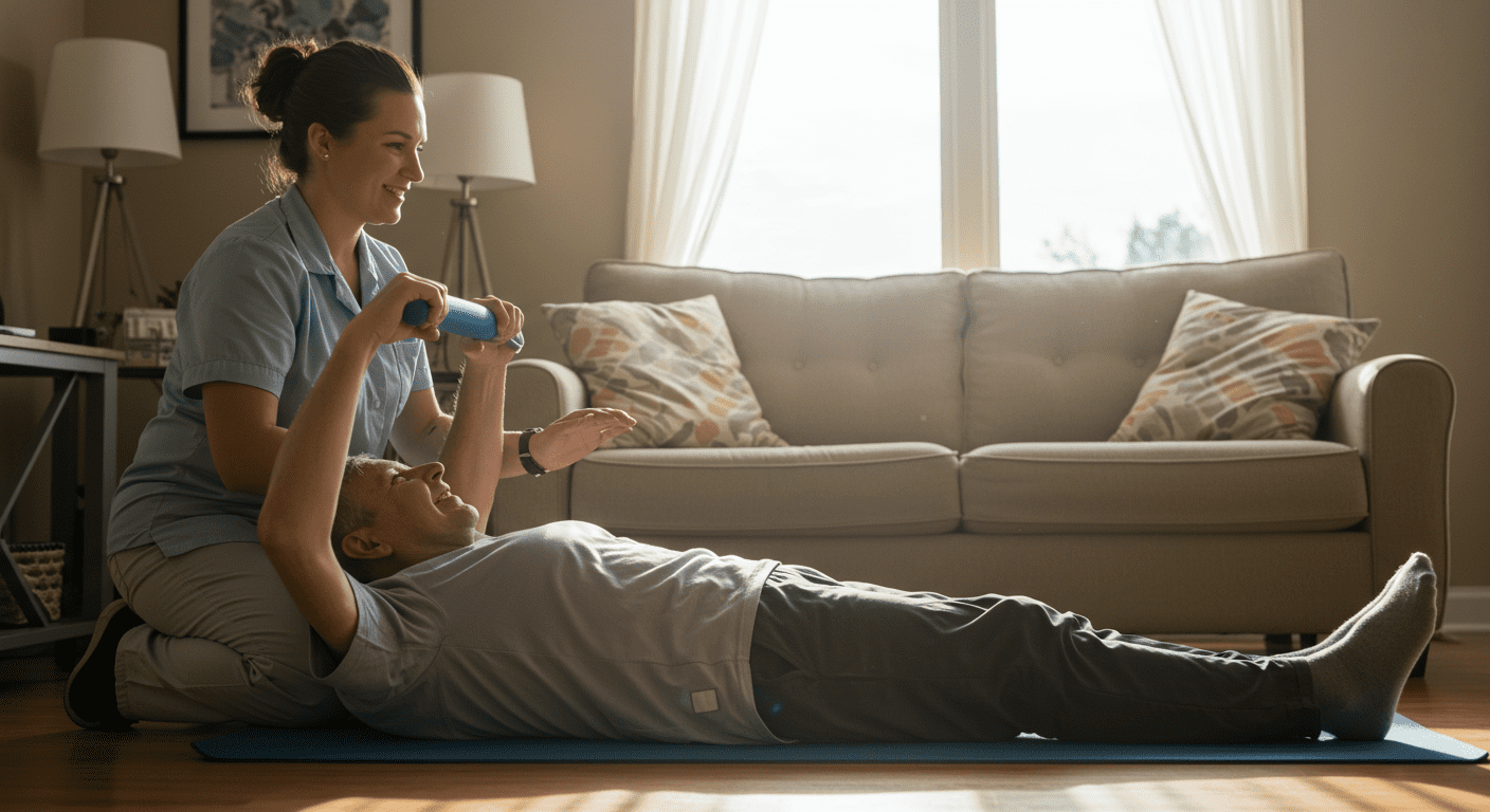 A caregiver helping a patient with physical therapy exercises in a sunlit living room. The focus is on the caregiver's encouragement and the patient's determination.