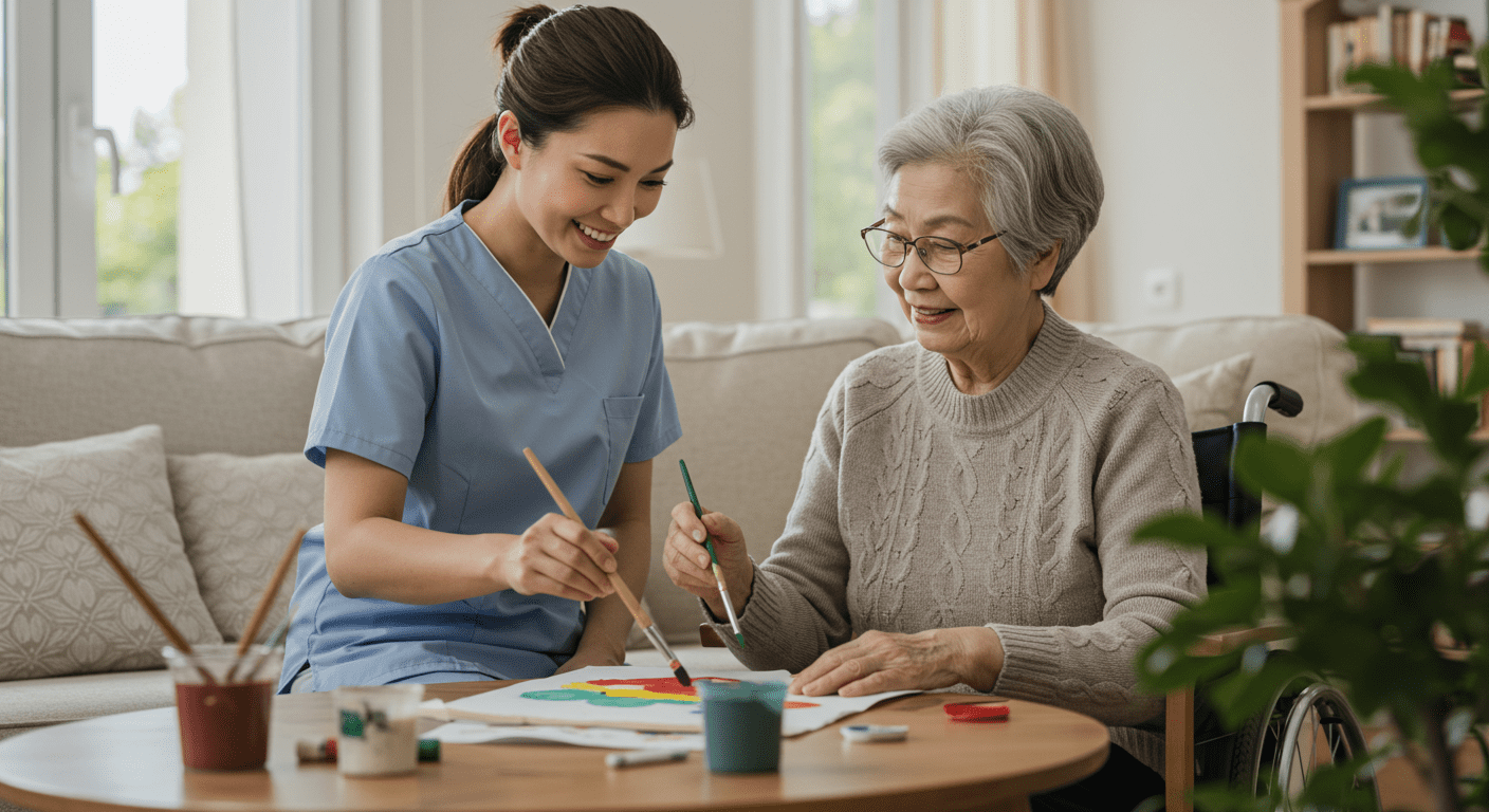 A caregiver and an elderly person participating in a fun activity, such as painting or gardening, in a well-lit living room. This image emphasizes the joy and engagement in senior support.